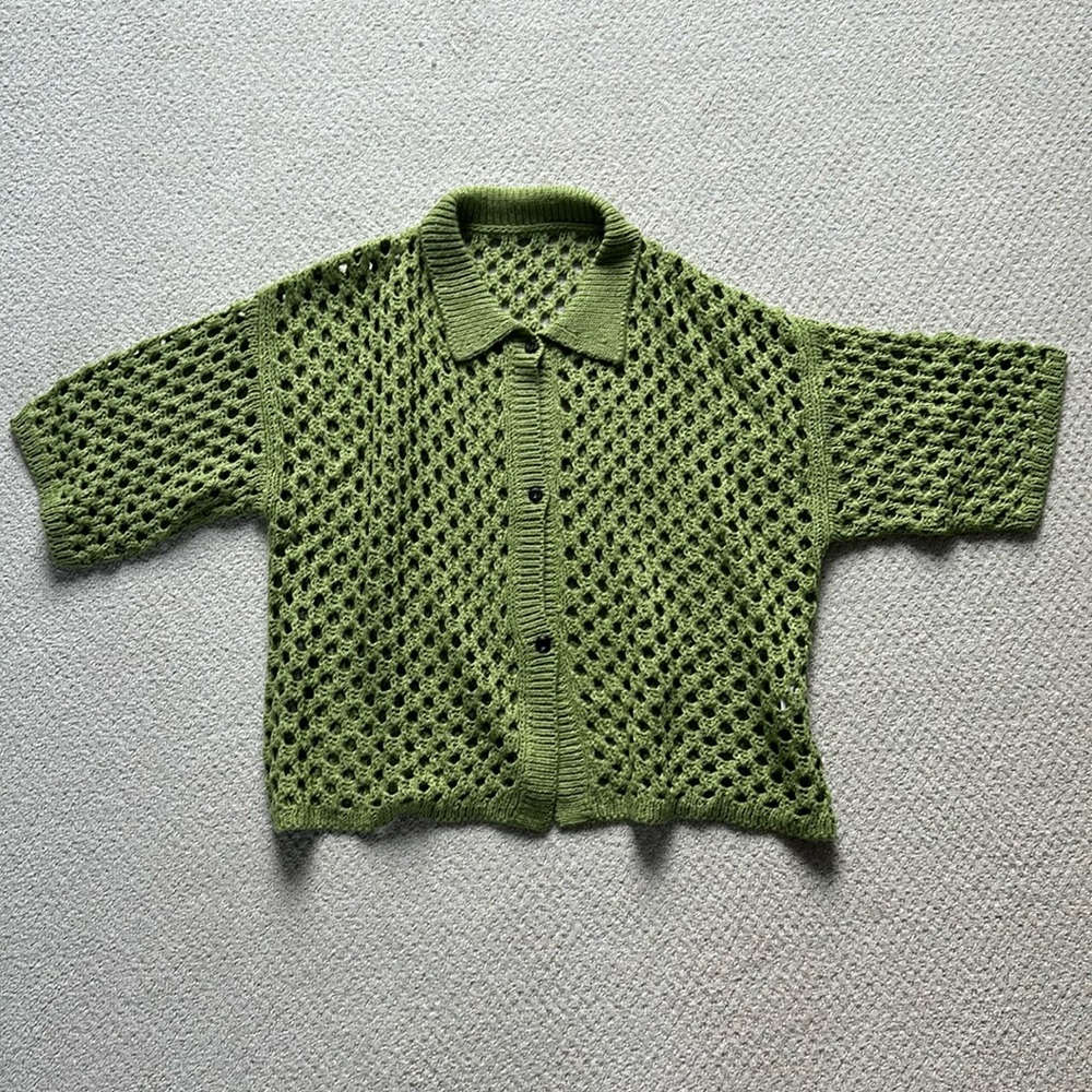 Loose Fit Mesh Short Sleeves Green Top